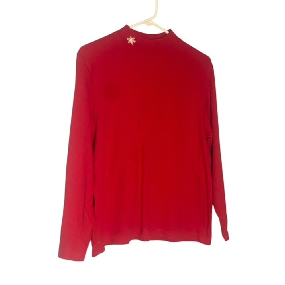 Womens Red Mock Neck Long Sleeve Snowflake Embroidered Top Christmas Holiday M